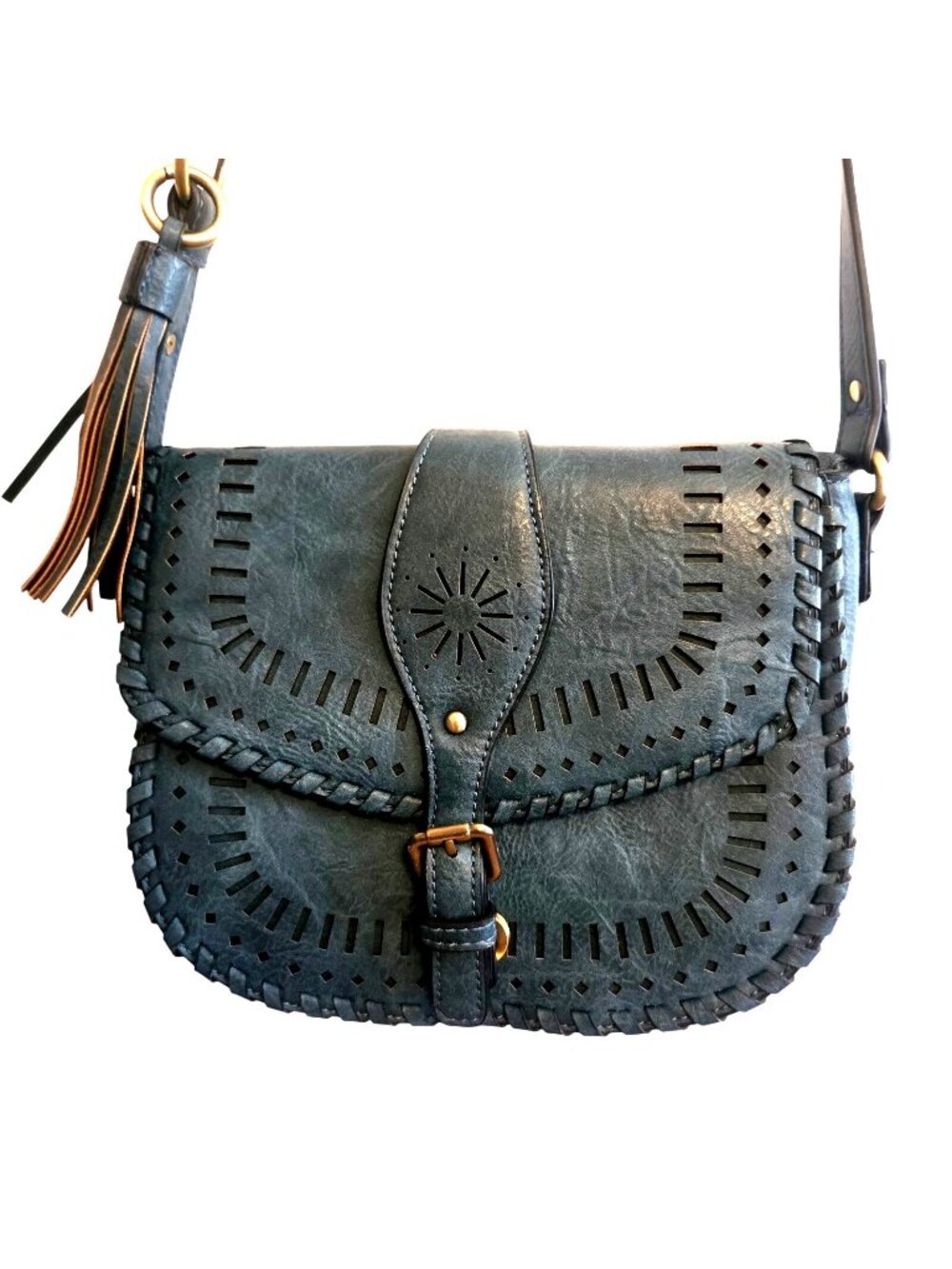 Teal Shoulder Bag Purse Pierced Faux Leather Western Love One Love All